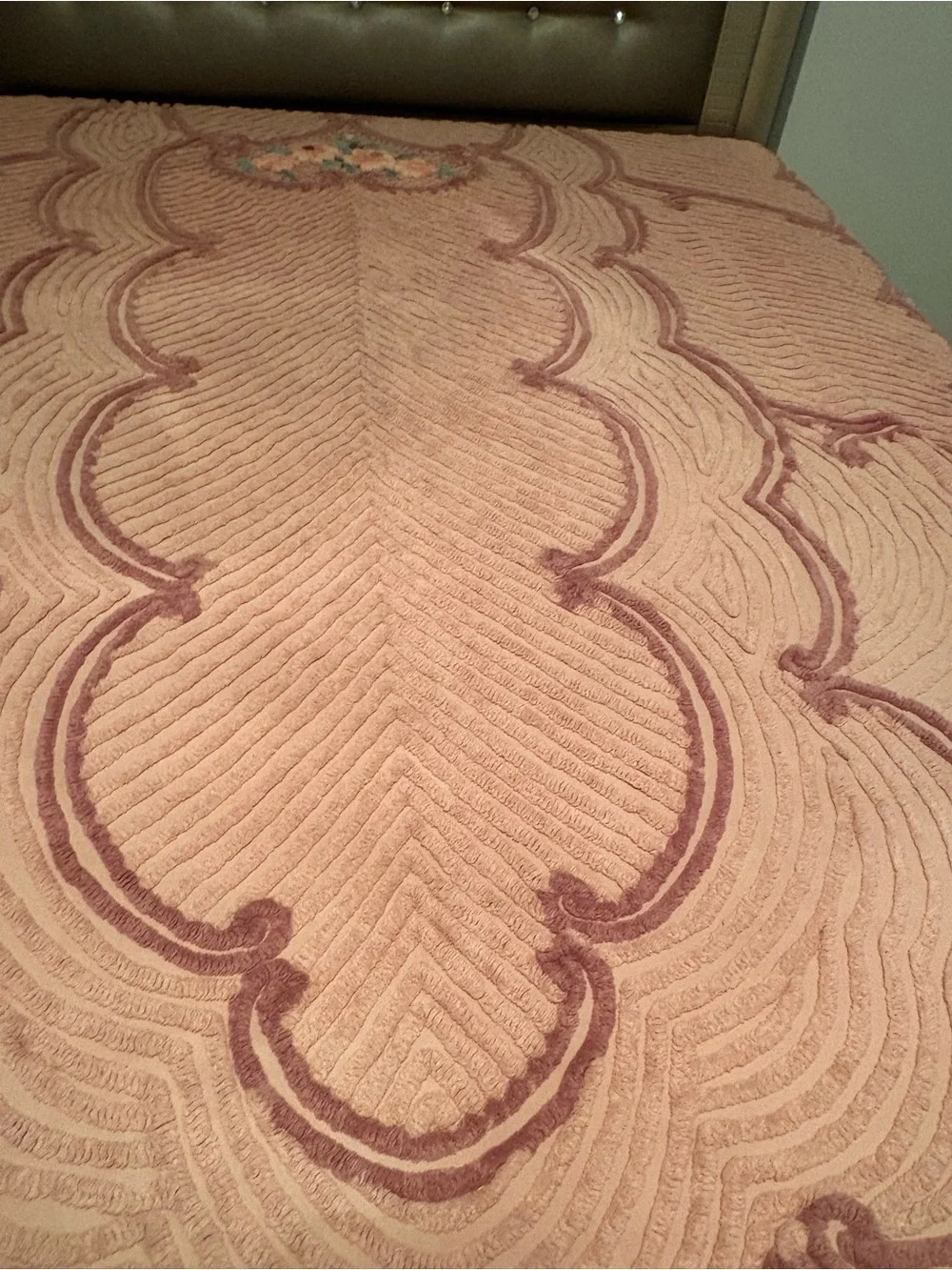 Rare Vintage Retrac Chenille Pair of Bedspreads Peach Floral Scrollwork